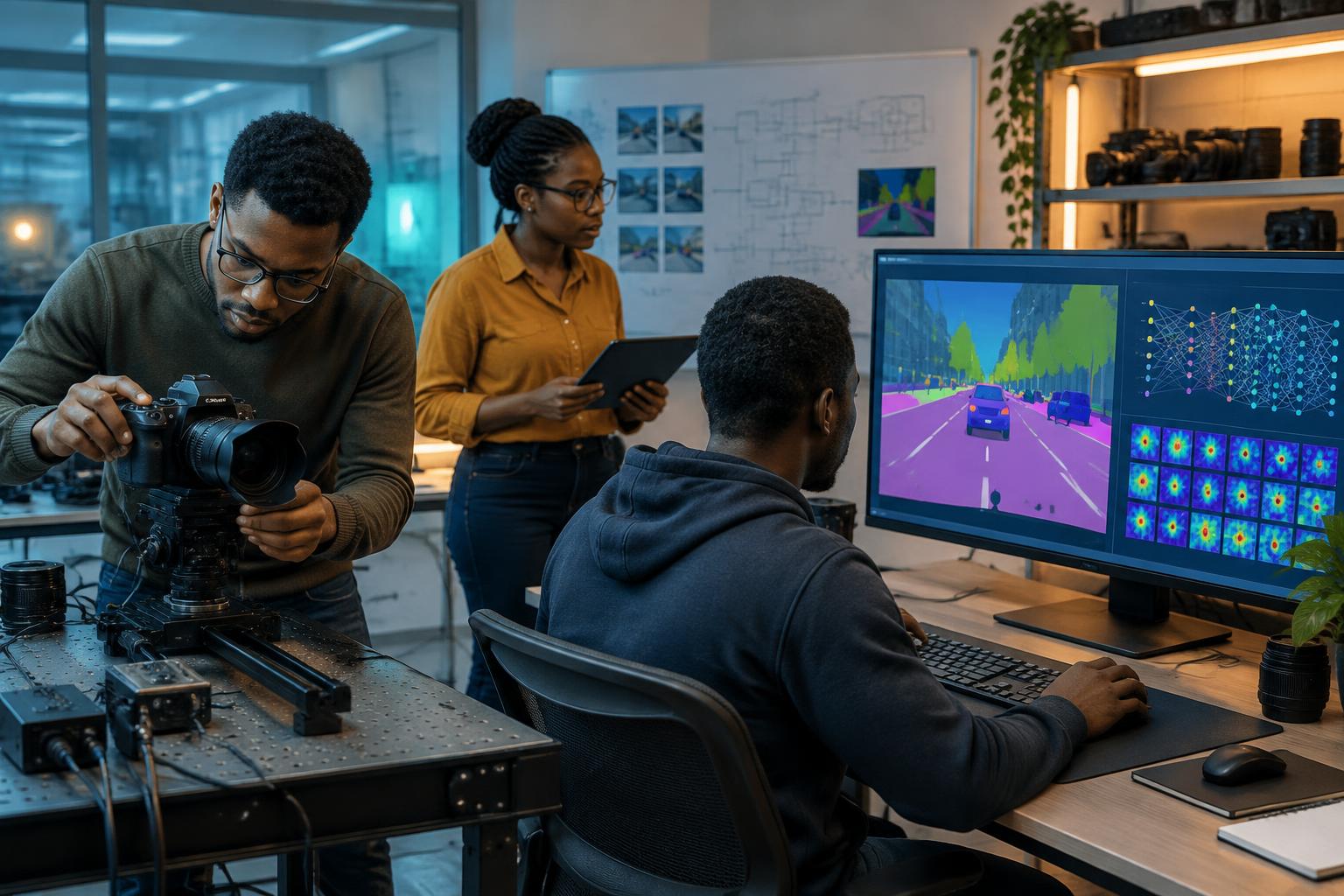 Illustration of AI researchers examining computer vision equipment and visual models