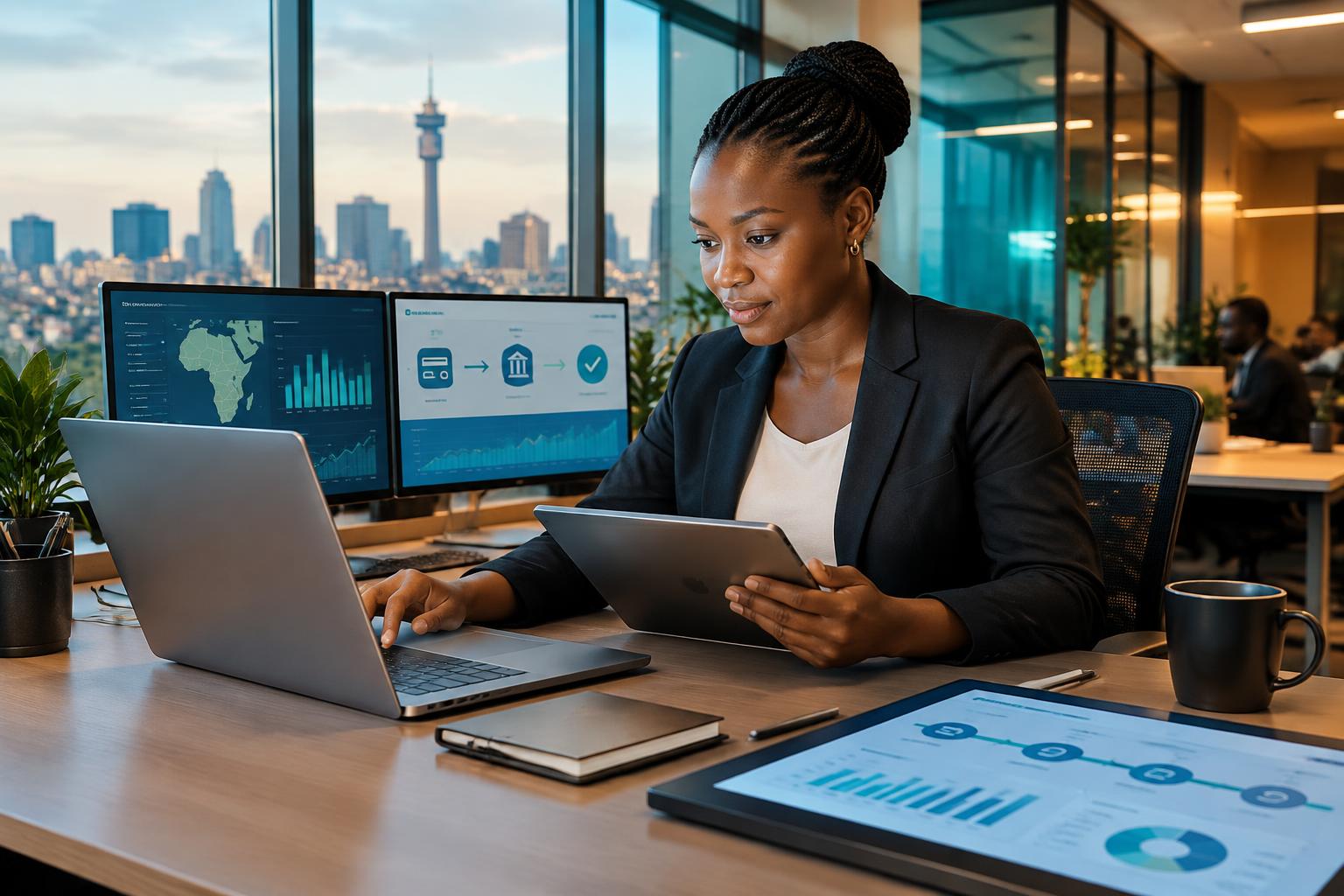 Illustration of a banking professional reviewing digital financial workflows