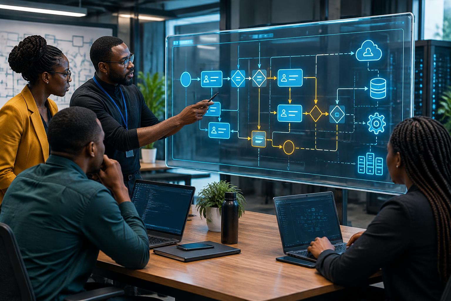 AI-generated illustration: Illustration of engineers reviewing a process flow; conceptual workflow, not a Camunda screenshot