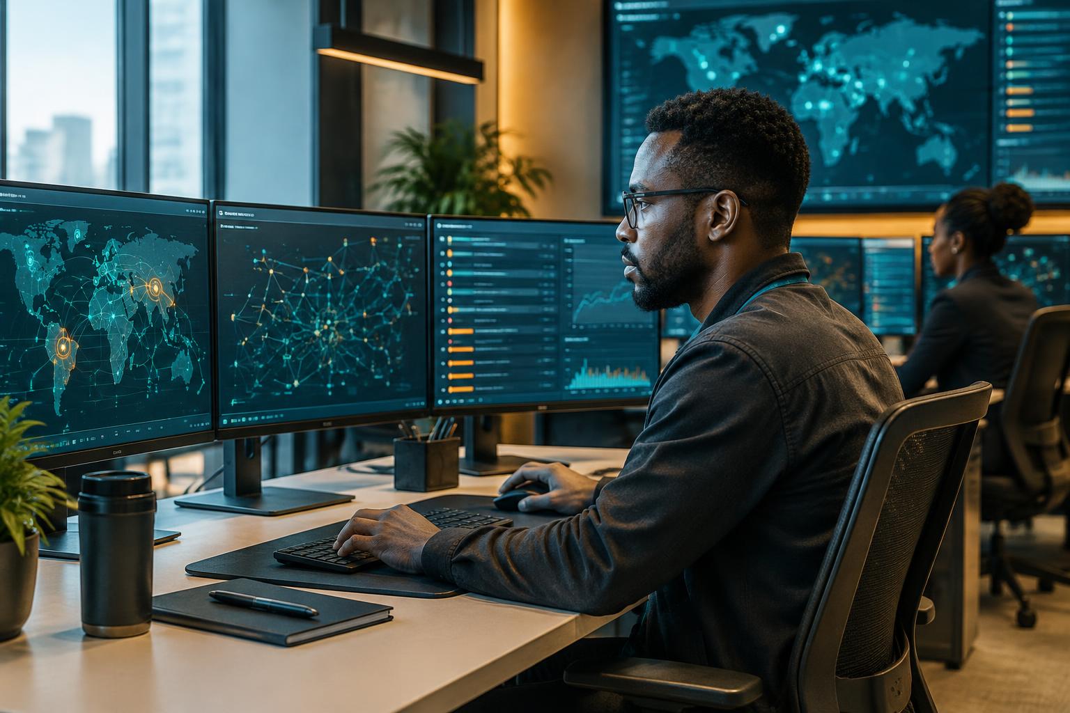 AI-generated illustration: Illustration of cybersecurity analysts reviewing network events in a security operations centre